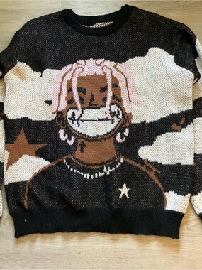 Graphic Knit Crewneck Sweater in Black, Brown & Pink
